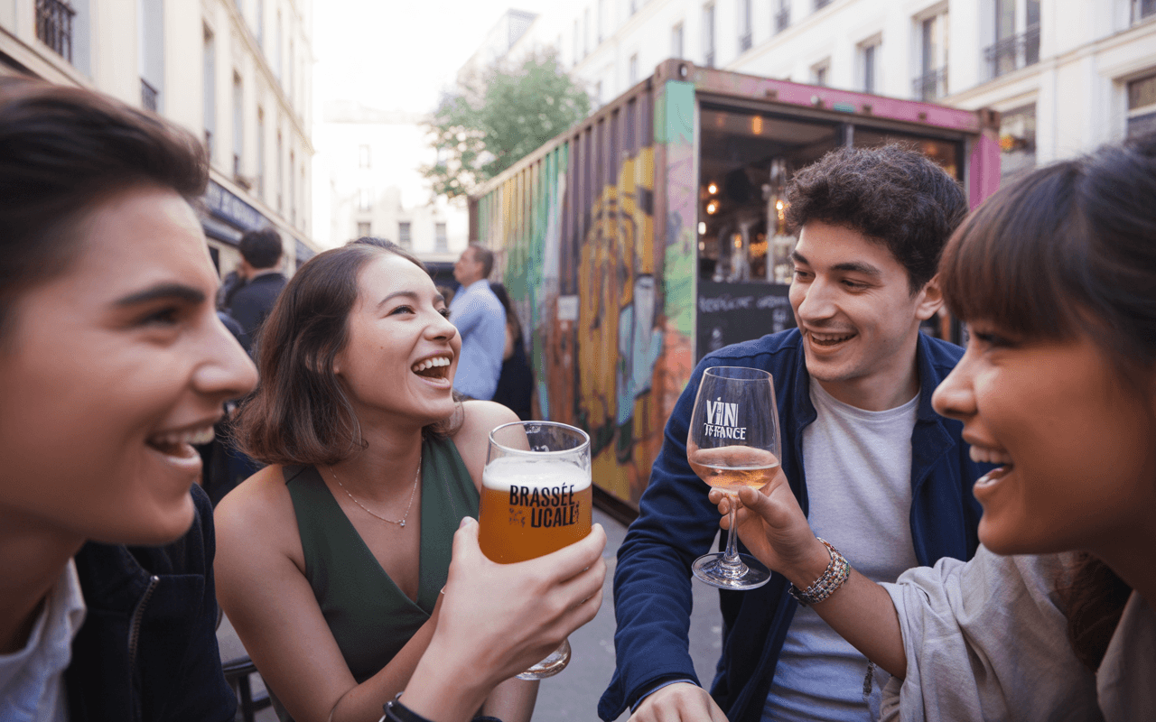 Quatre amis rient et trinquent dans une rue animée, chacun avec une boisson, profitant d'un moment convivial en plein air.