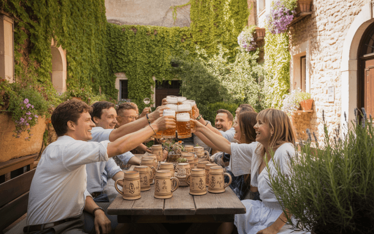 Groupe de personnes levant des chopes de bière sur une table en bois, entourées de verdure et de fleurs. Joyeuses festivités.
