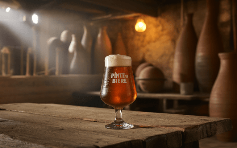 Un verre de bière à la mousse dorée, posé sur une table en bois, entouré de pots en terre cuite dans une ambiance chaleureuse.