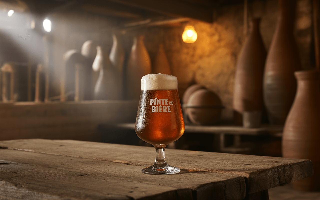 Un verre de bière à la mousse dorée, posé sur une table en bois, entouré de pots en terre cuite dans une ambiance chaleureuse.