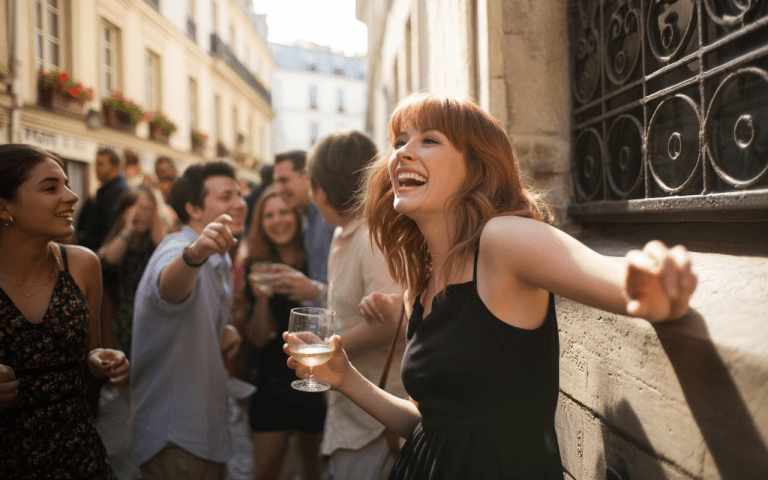 Groupe d'amis s'amusant dans une rue ensoleillée. Une jeune femme rit, tenant un verre, entourée de sourires.