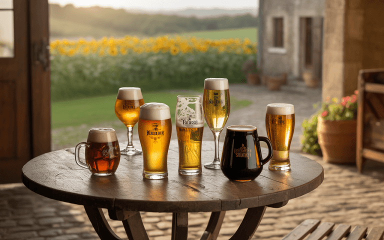 Sept verres de bière variés sur une table en bois, avec un champ de tournesols en arrière-plan sous un ciel ensoleillé.