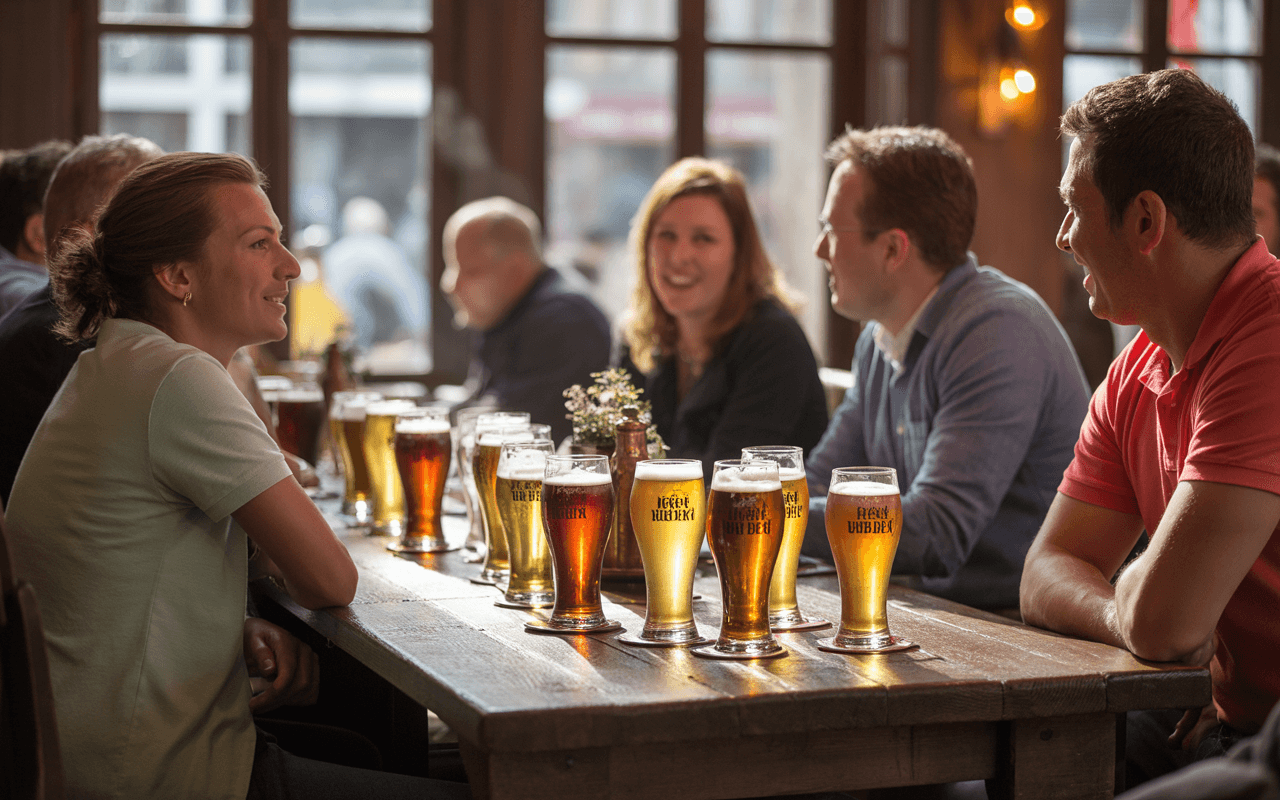 Groupe de personnes souriantes dans un pub, discutant autour d'une table avec plusieurs verres de bière. Ambiance conviviale.