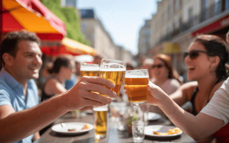 Groupe de personnes levant des verres de bière sur une terrasse ensoleillée, avec des sourires et une ambiance conviviale.