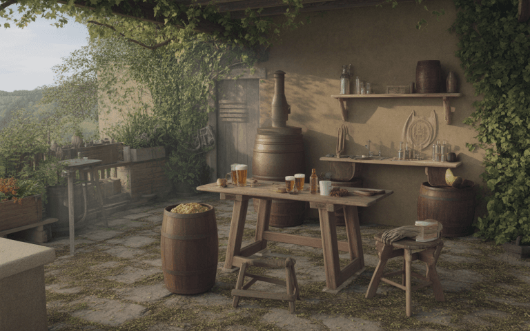 Un espace extérieur rustique avec une table en bois, des fûts, des boissons, et un environnement verdoyant.