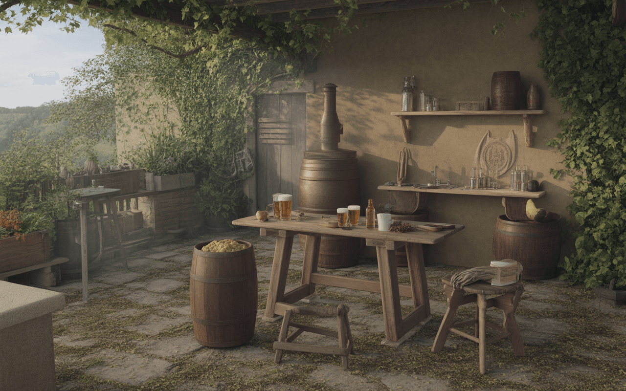 Un espace extérieur rustique avec une table en bois, des fûts, des boissons, et un environnement verdoyant.