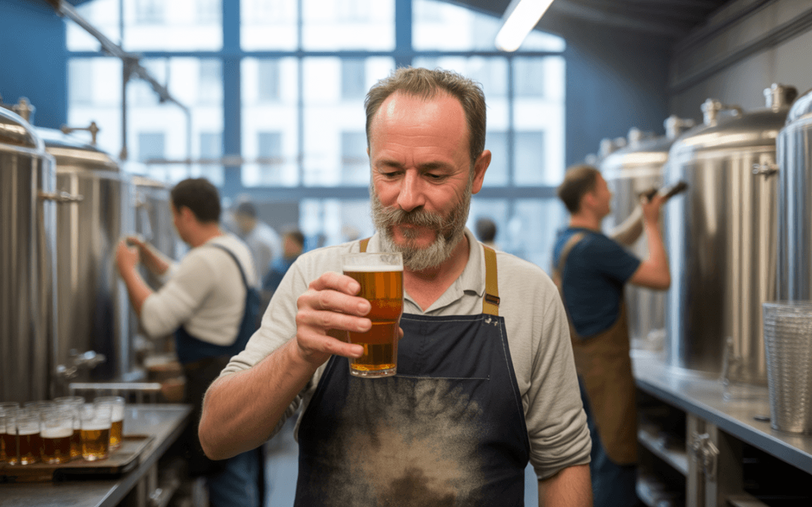 Un homme souriant tient un verre de bière, dans une brasserie avec des cuves en arrière-plan et d'autres personnes au travail.