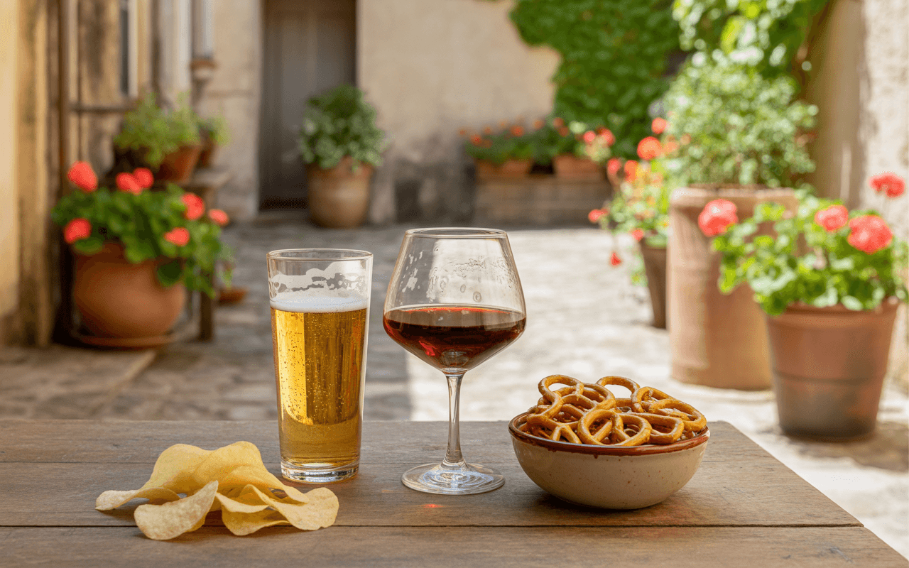 Verre de bière, verre de vin rouge, et bretzels sur une table en bois, avec des fleurs en pot en arrière-plan.
