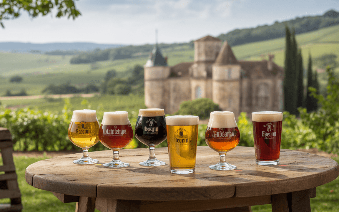 Cinq bières de différentes couleurs sont disposées sur une table en bois, avec un paysage de vignes et un château en arrière-plan.