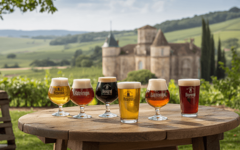 Cinq bières de différentes couleurs sont disposées sur une table en bois, avec un paysage de vignes et un château en arrière-plan.