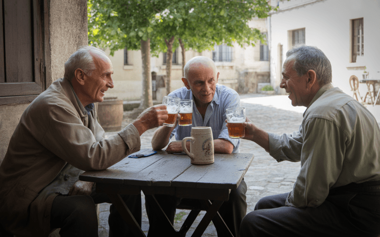 Trois hommes souriants portent des chopes de bière, assis autour d'une table en bois dans une cour ensoleillée.