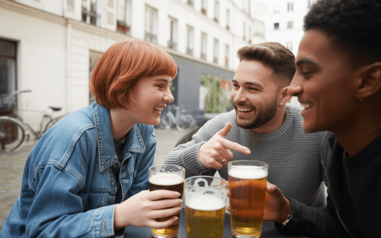 Trois amis rient autour d'une table en extérieur, chacun tenant une bière, dans une ambiance conviviale.