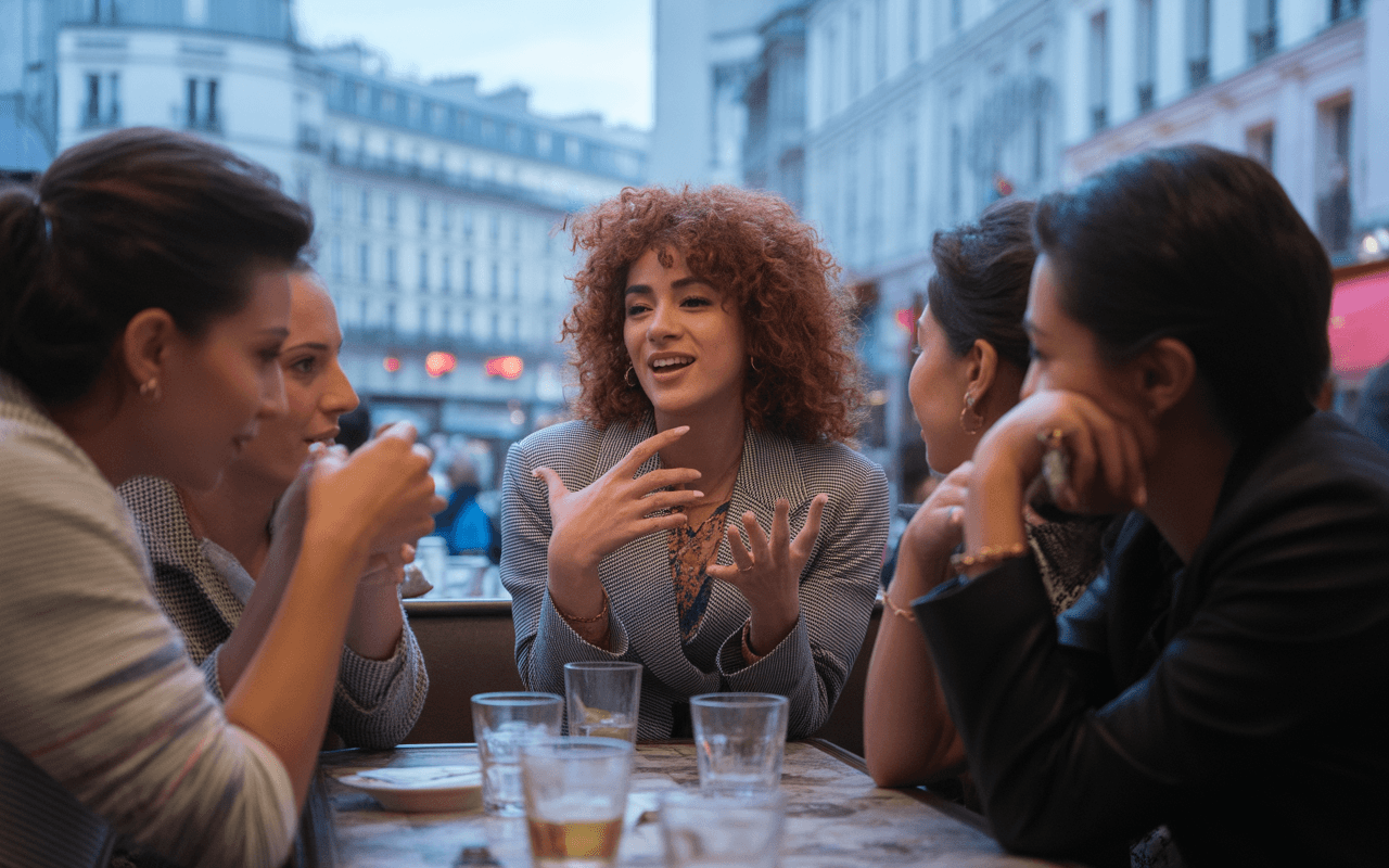Un groupe de femmes discute autour d'une table dans un café, l'une d'elles gesticule en parlant avec enthousiasme.