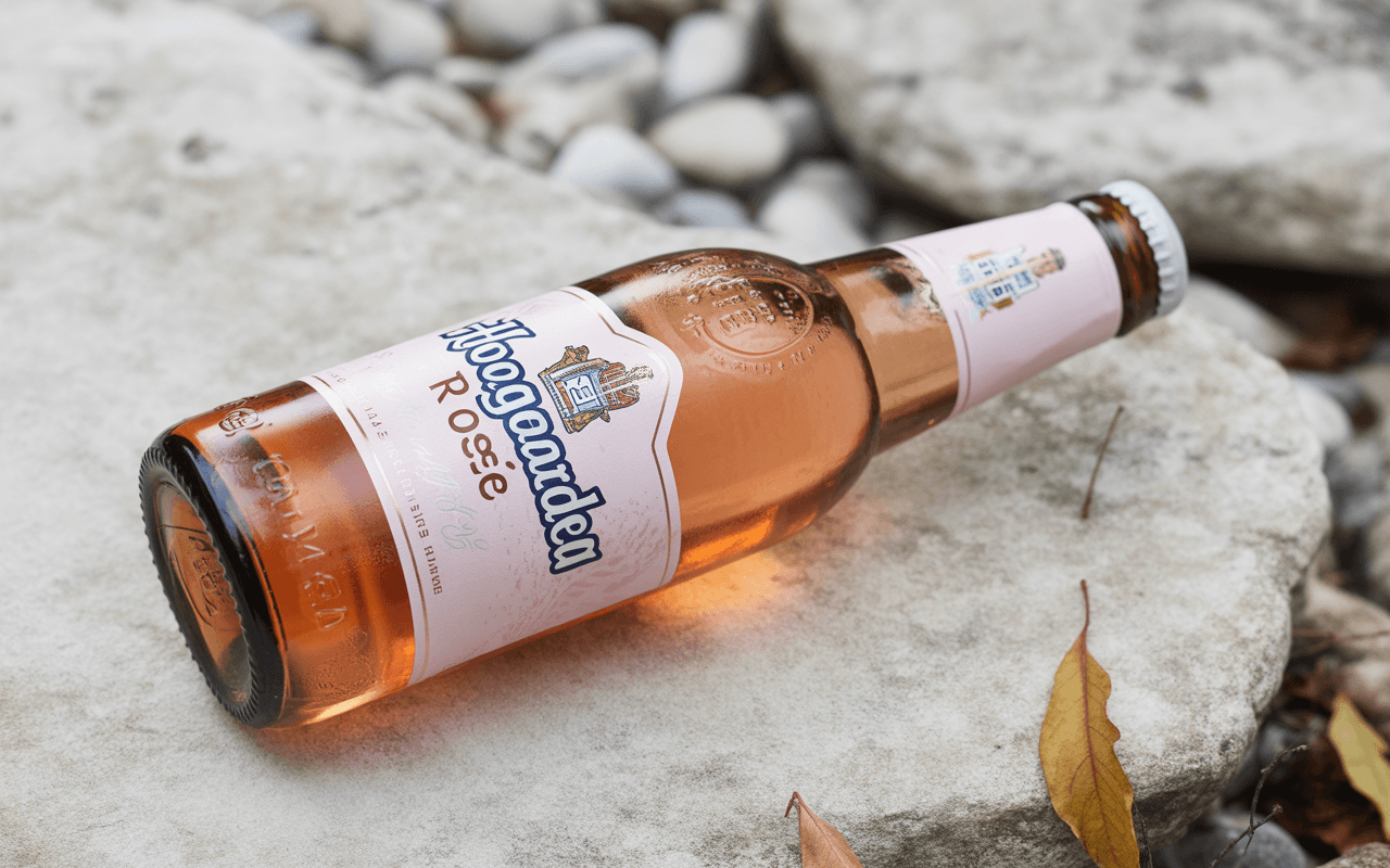 Bouteille de bière Hoegaarden Rosée posée sur une pierre, entourée de cailloux et de feuilles. Étiquettes claires et couleur rosée.