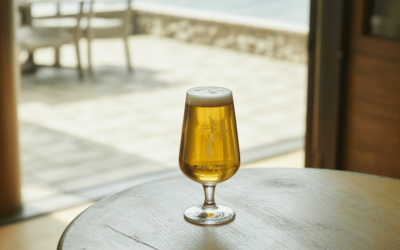 Un verre de bière dorée et mousseuse posé sur une table en bois, avec un fond flou d'extérieur.