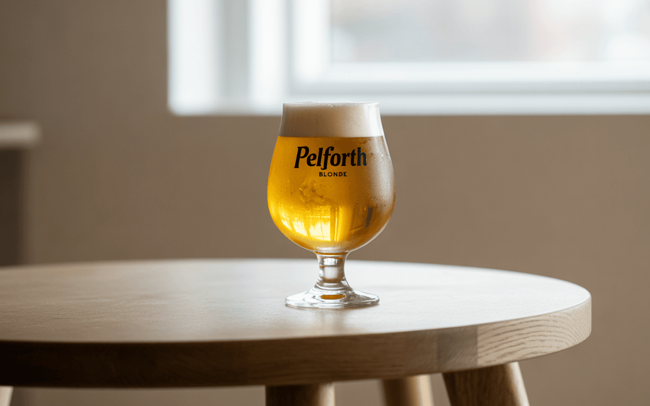 Un verre de bière blonde Pelforth sur une table en bois. Lumière douce venant d'une fenêtre à l'arrière-plan.