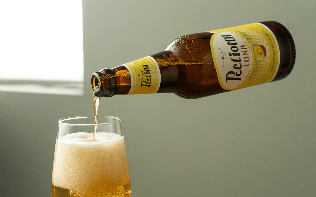 Bouteille de bière se vide dans un verre, créant une mousse légère sur le dessus, avec un mur vert en arrière-plan.