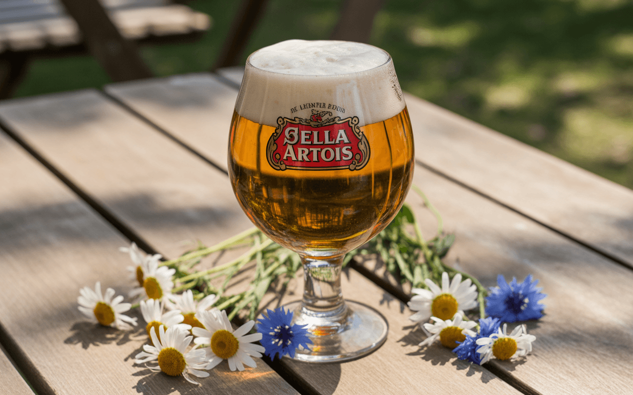 Un verre de bière Stella Artois sur une table en bois, entouré de fleurs blanches et bleues, sous un ciel ensoleillé.