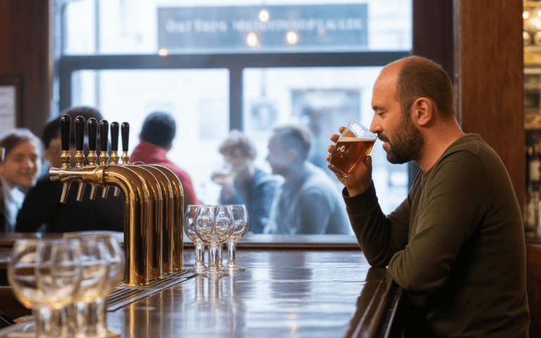 Homme buvant une bière dans un bar, avec des tireuses à bière et des clients en arrière-plan. Atmosphère conviviale et chaleureuse.