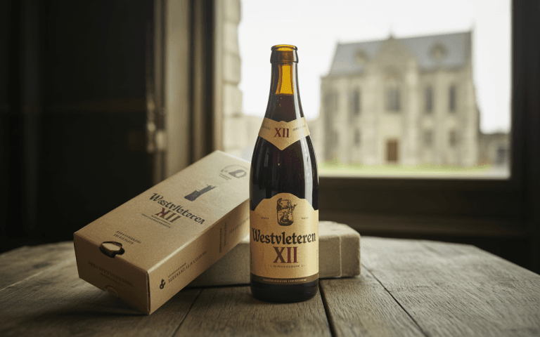 Bouteille de bière Westvleteren XII sur une table en bois, avec une boîte à proximité, devant un paysage de bâtiment historique.