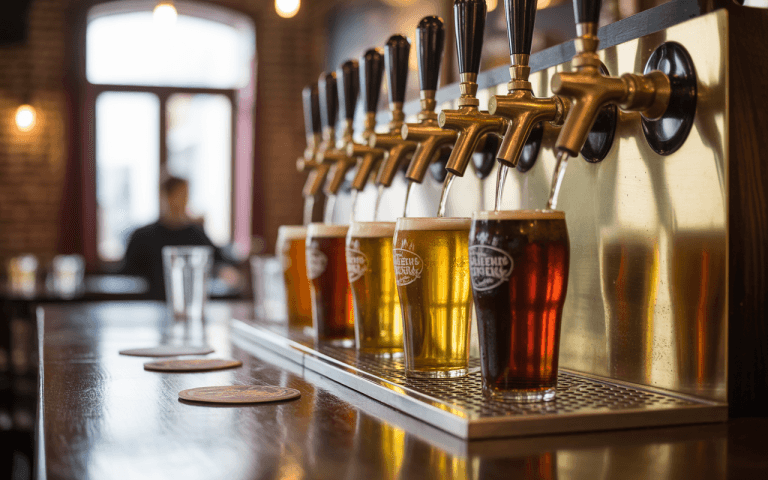 Tireuses à bière avec plusieurs verres colorés au premier plan, ambiance de bar avec éclairage chaleureux en arrière-plan.