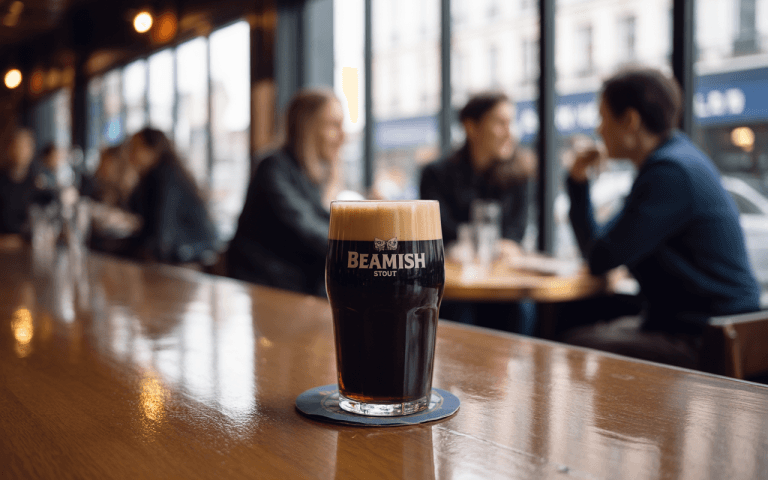 Un verre de stout Beamish dans un bar, avec des clients flous en arrière-plan et une table en bois brillante.