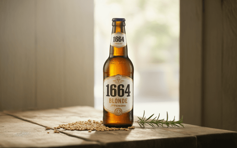 Bouteille de bière 1664 Blonde posée sur une table en bois, entourée de grains d'orge et d'une branche de romarin.