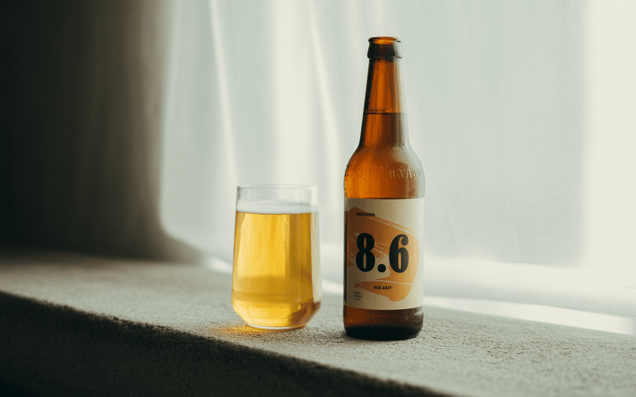 Bouteille de bière 8.6 et un verre rempli, sur un rebord près d'une fenêtre, lumière naturelle douce.