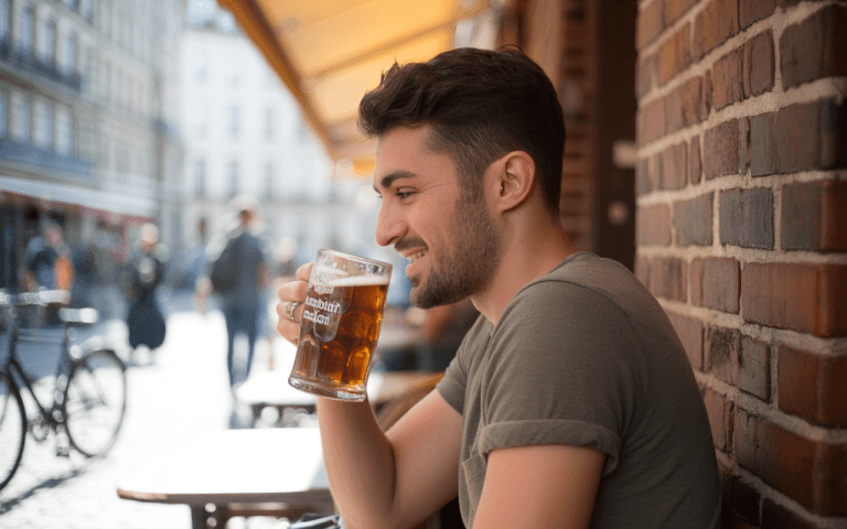 Un jeune homme souriant boit une bière en terrasse, entouré d'une rue animée et ensoleillée.