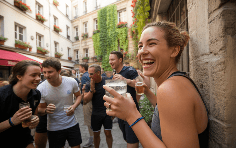 Groupe d'amis riant et levant des verres, dans une rue pittoresque avec des bâtiments fleuris en arrière-plan.