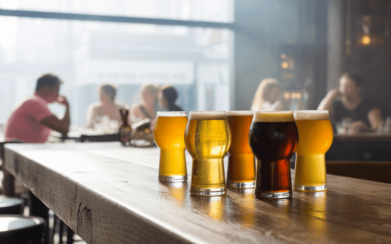 Verre de bière variés sur une table en bois, avec des personnes en arrière-plan, dans une ambiance lumineuse et relaxante.