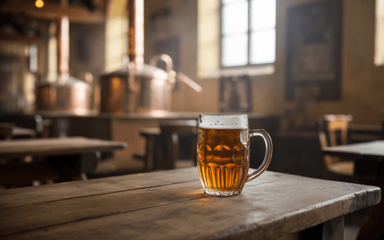 Mousseux, une chope de bière dorée repose sur une table en bois dans une brasserie rustique et chaleureuse.