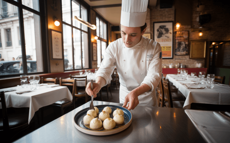 Un chef en uniforme présente un plat contenant des boules blanches sur une assiette, dans un restaurant élégant.