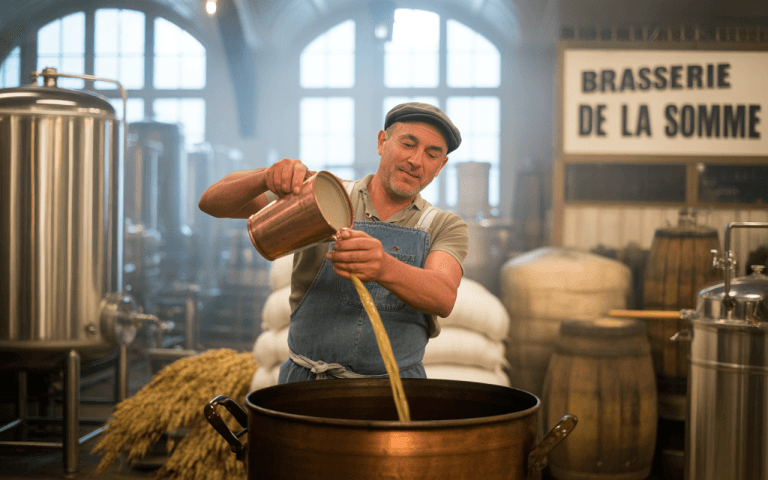Un brasseur verse un liquide doré dans une grande cuve en cuivre, dans une brasserie lumineuse avec des tonneaux en arrière-plan.
