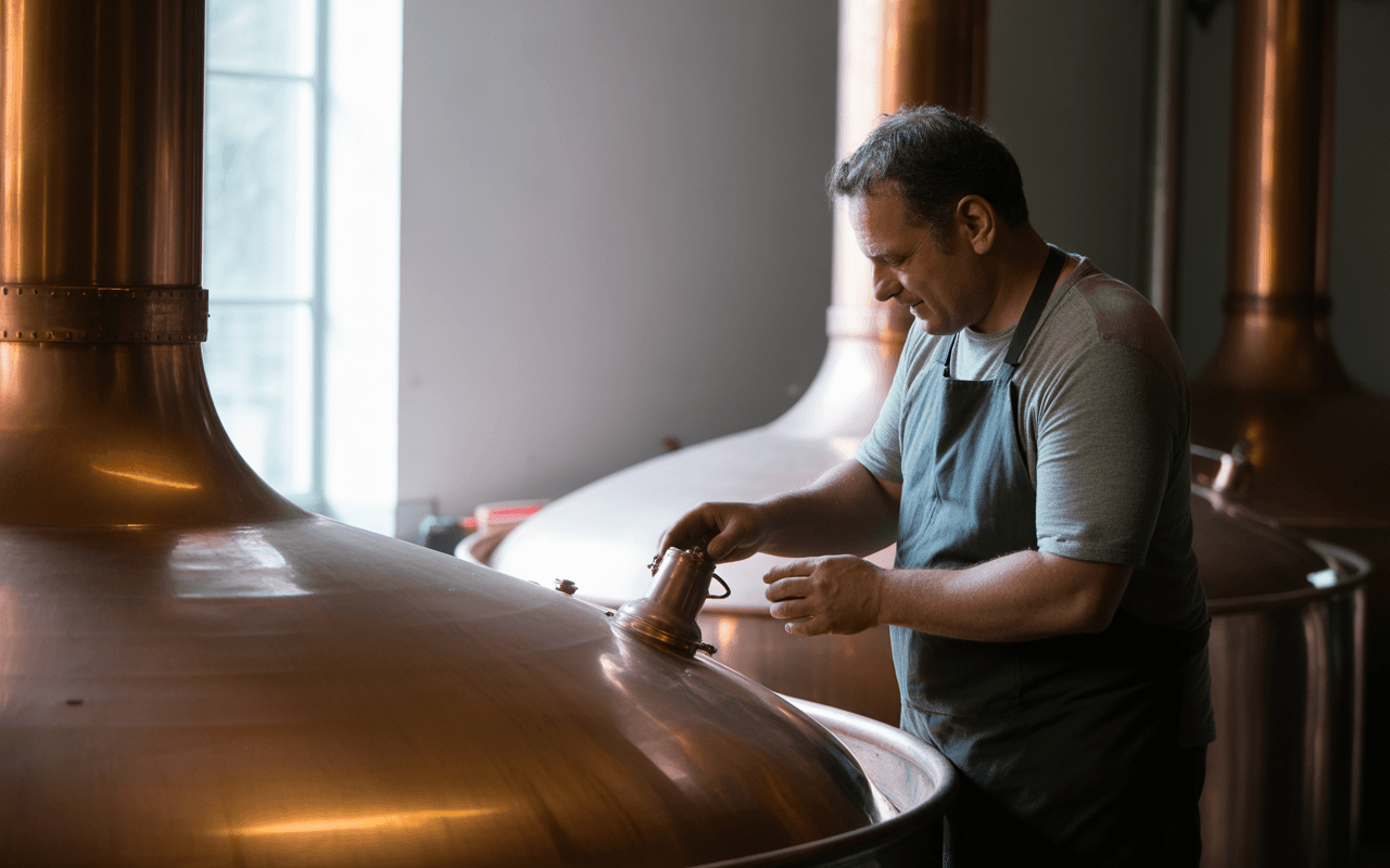 Un homme en tablier inspecte un équipement en cuivre dans une brasserie, concentré sur son travail au-dessus d'une cuve.