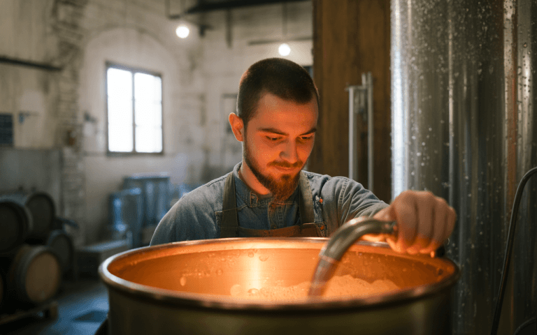 Un jeune homme, concentré, manipule un tuyau dans une cuve, dans un atelier à éclairage chaud et ambiance artisanale.