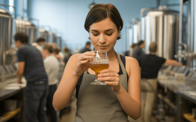 Femme portant un tablier, examinant une bière dans un verre, au milieu de brasseurs dans une brasserie moderne.