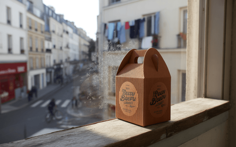 Une boîte en carton marron avec un logo "Beery Beer" sur un rebord de fenêtre, avec une rue parisienne en arrière-plan.