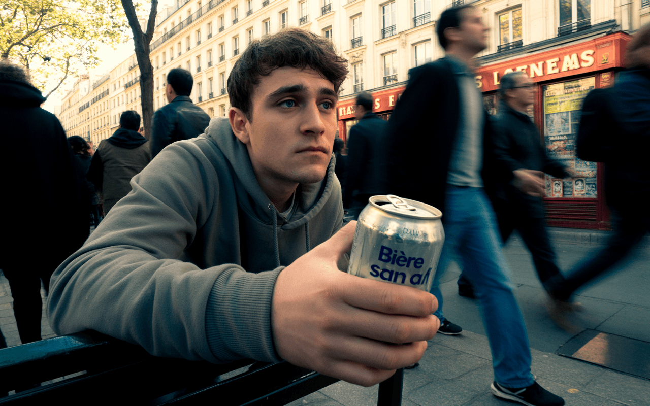 Un jeune homme assis sur un banc tient une canette, observant les passants flous dans une rue animée.