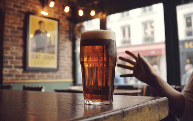 Un verre de bière brune, mousseux, posé sur une table. En arrière-plan, une main tendue et un décor de bar chaleureux.