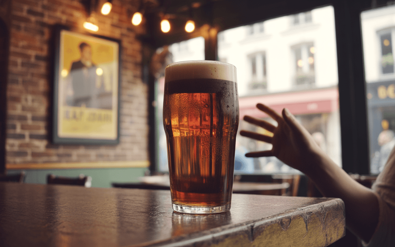 Un verre de bière brune, mousseux, posé sur une table. En arrière-plan, une main tendue et un décor de bar chaleureux.