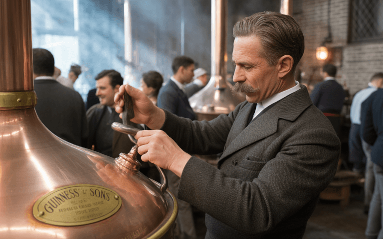 Un homme en costume vintage manipule un équipement de brassage dans une brasserie, entouré de personnes. Ambiance industrielle et artisanale.