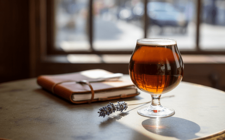 Un verre de bière ambrée sur une table avec un carnet en cuir et une fleur de lavande à côté.