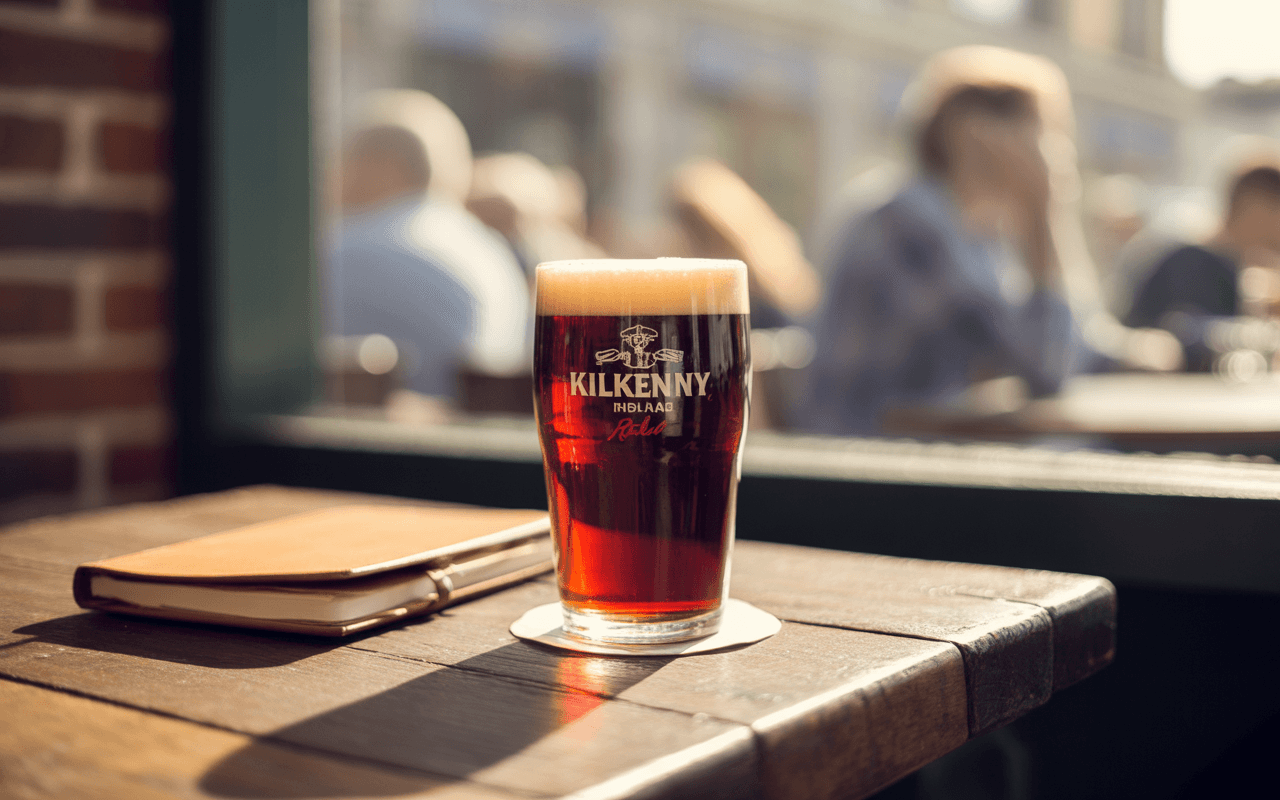Un verre de bière Kilkenny sur une table en bois avec un carnet et un stylo en arrière-plan flou.