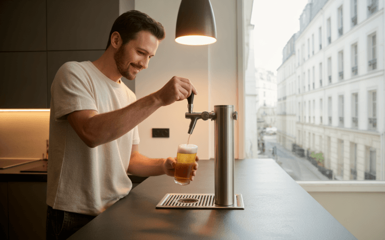 Un homme souriant sert une bière depuis un robinet dans une cuisine moderne, avec vue sur une rue parisienne.