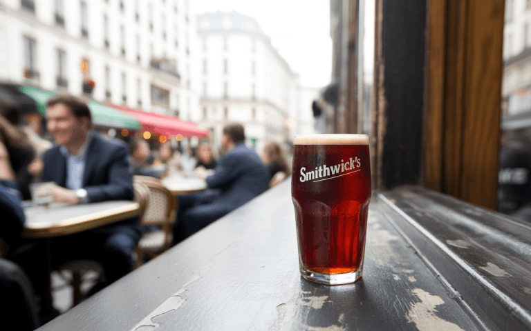 Un verre de bière Smithwick's posé sur un rebord de fenêtre, avec des personnes floues en arrière-plan dans un café animé.