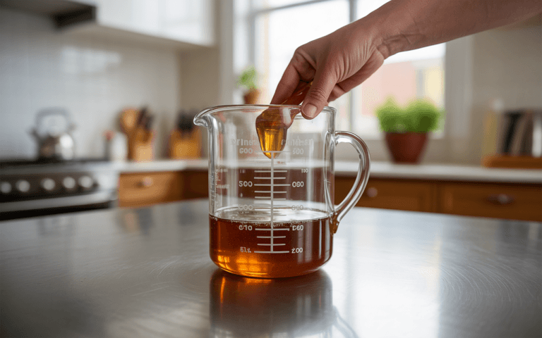 Main tenant une cuillère en bois, plongeant dans un verre doseur transparent contenant un liquide brun, en cuisine moderne.