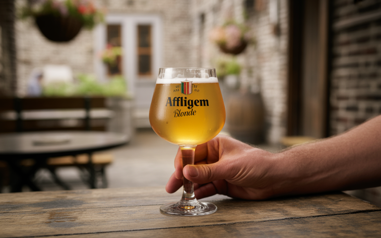 Une main tenant un verre de bière Affligem Blonde, posé sur une table en bois, dans un environnement extérieur agréable.