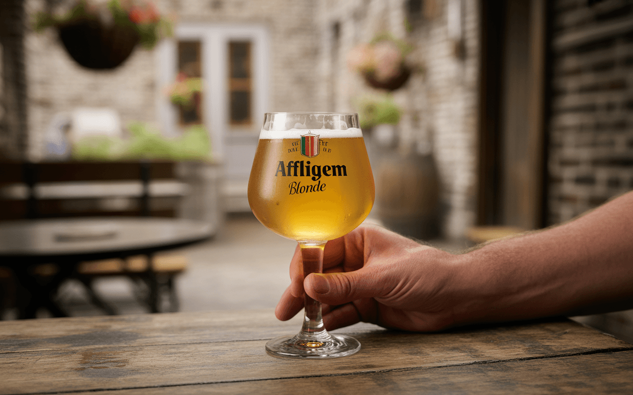 Une main tenant un verre de bière Affligem Blonde, posé sur une table en bois, dans un environnement extérieur agréable.
