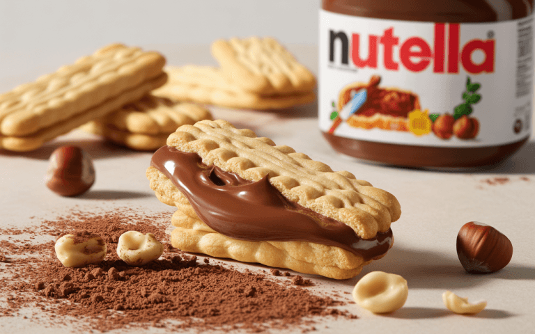 Gaufrettes fourrées de Nutella, noisettes entières et poudre de cacao en arrière-plan, sur une surface beige.